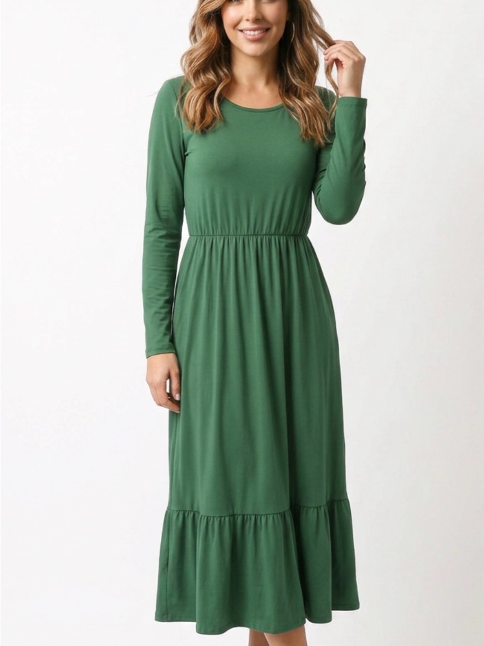 Long Sleeve Dress, Green, Ruffle bottom, side pockets, soft, stretchy size Med